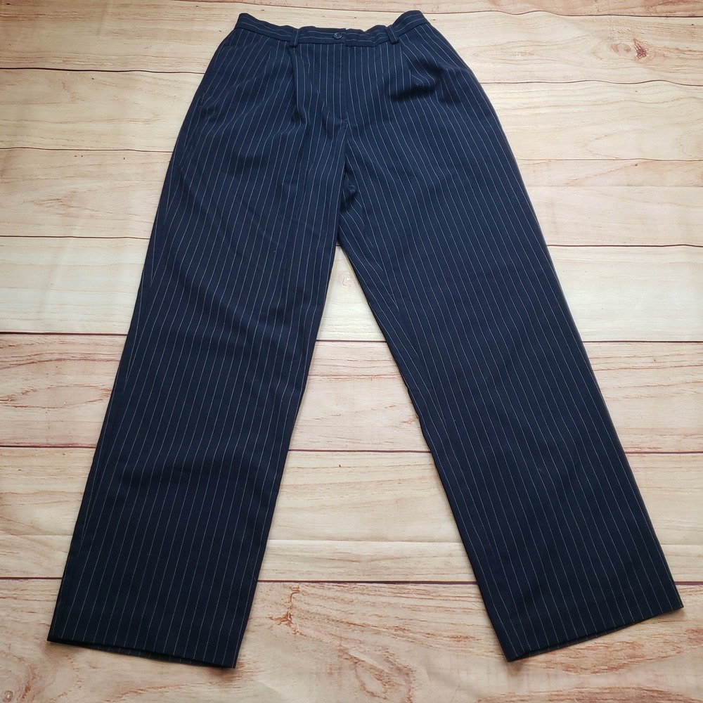Liz Claiborne Lizsport Petite Dress Pants Womens 8P Navy Blue Pinstripe Wide Leg